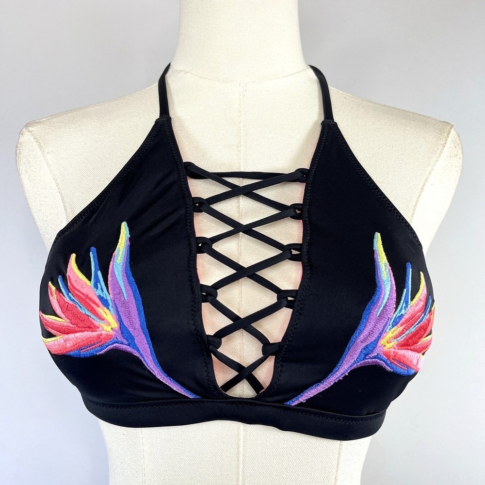 PINK‎ Victoria Secret Bikini Top Size S High Neck Strappy Floral Embroidered